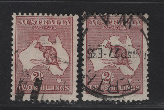 Lot 186 (C) Australia SG#110 2/- Maroon Kangaroo & Map, 1929-1930 Kangaroo & Map Issue, 2 Fine Used Singles, Small Multiple Wmk