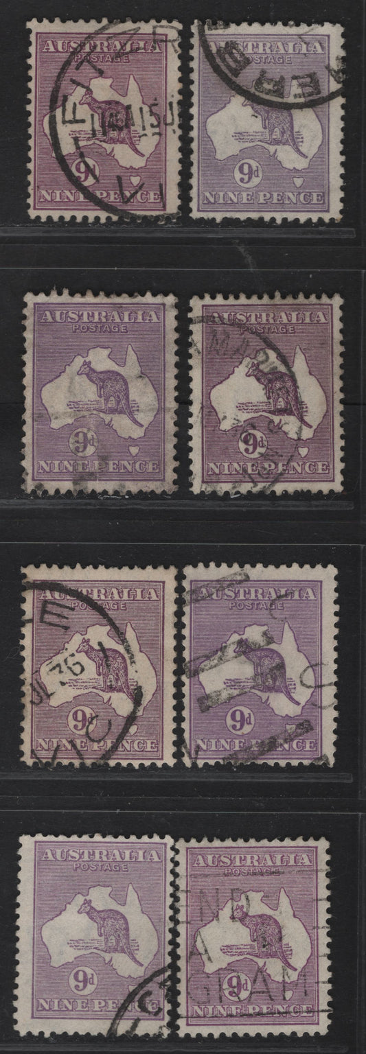 Lot 190 (C) Australia SG#133 6d Violet Kangaroo & Map, 1931-1936 Kangaroo & Map Issue, 8 Fine Used Singles, C of A Wmk, Plethora of Shades