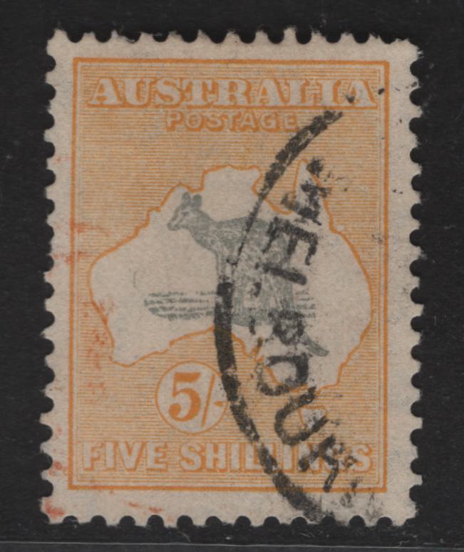 Lot 192 Australia SG#135 5/- Gray & Yellow Kangaroo & Map, 1931-1936 Kangaroo & Map Issue, A Very Fine Used Single, C of A Wmk