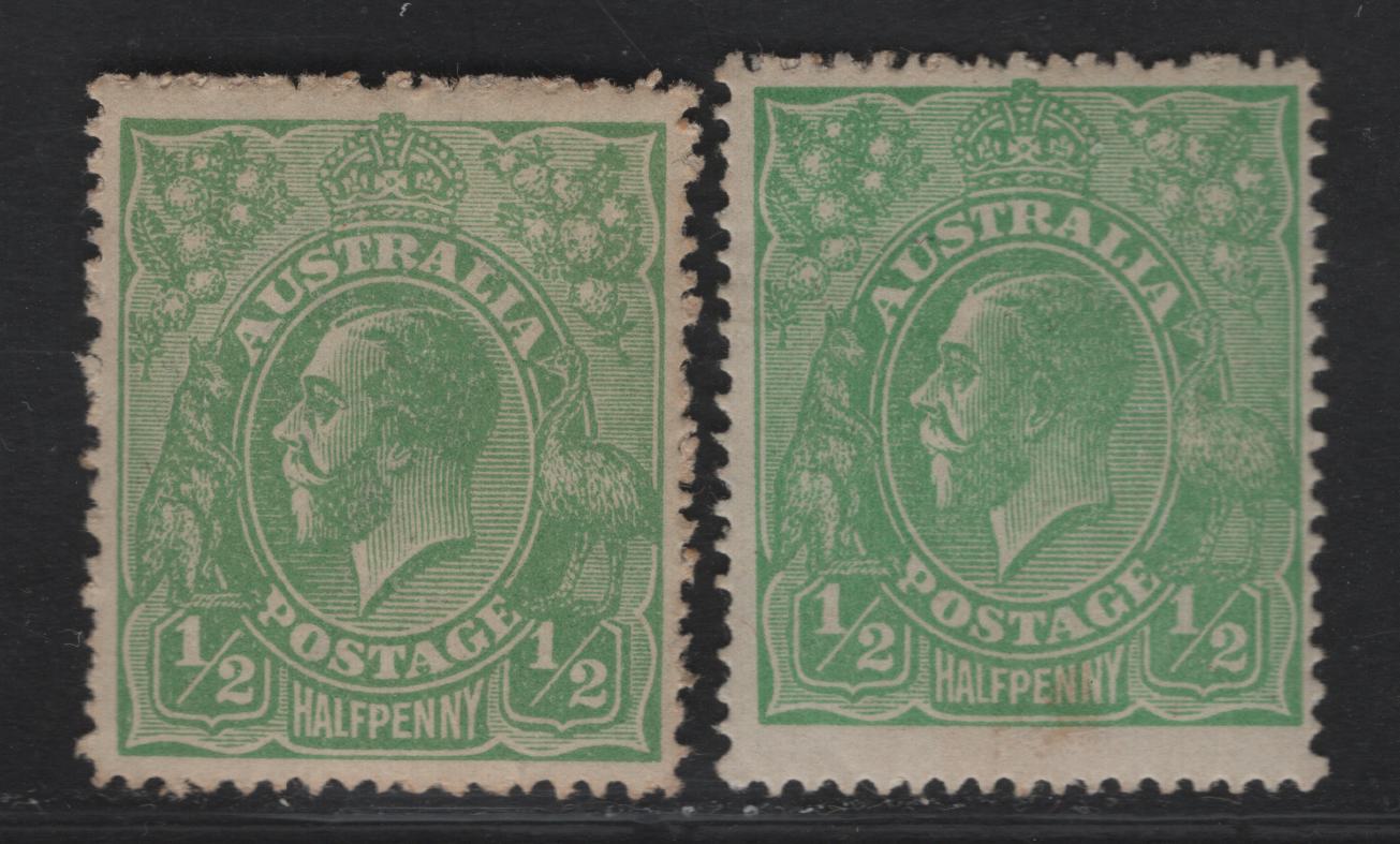 Lot 195 Australia SG#20 1/2d Bright Green King George V, 1914-1920 KGV Heads Issue, 2 F/VFOG Singles, 2 Shades, Comb Perf 14.5x14, Single Crown Wmk.