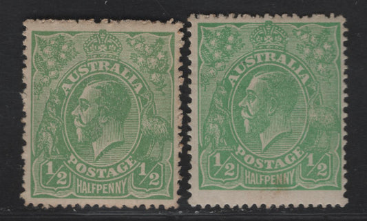 Lot 195 Australia SG#20 1/2d Bright Green King George V, 1914-1920 KGV Heads Issue, 2 F/VFOG Singles, 2 Shades, Comb Perf 14.5x14, Single Crown Wmk.