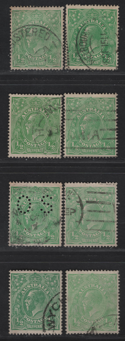 Lot 196 Australia SG#20,b, 48, O38 1/2d Bright Green - Pale Green King George V, 1914-1920 KGV Heads Issues, 8 Fine/Very Fine Used Singles, Appealing Selection Of Different Shades, Single (6) & Multiple (2) Crown Wmks, One Single Wmk Stamp With Perf OS.