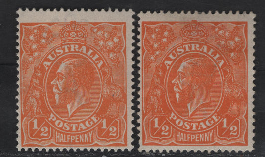 Lot 198 Australia SG#56 1/2d Orange King George V, 1918-1923 KGV Heads Issue, 2 FOG Singles, Two Shades, Single Crown Wmk