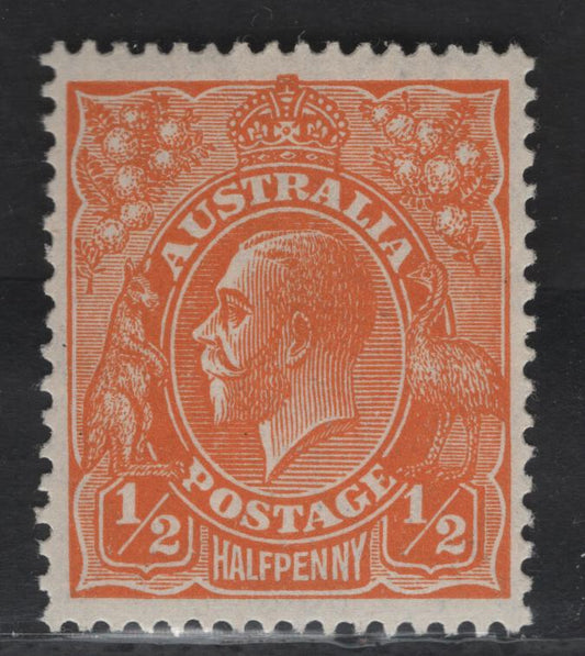 Lot 199 Australia SG#94 1/2d Light Orange King George V, 1926-1930 KGV Heads Issue, A VFOG Single, Perf 13.5x12.5, Small Multiple Wmk, Lovely Centering.