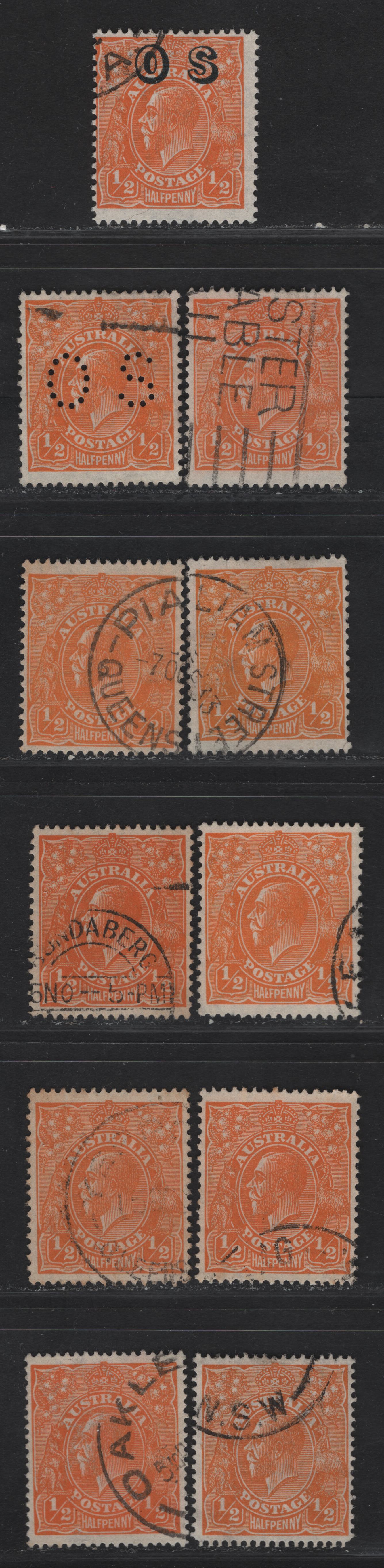 Lot 200 (C) Australia SG#56, 85, 94, 124, O97, O128 1/2d Orange King George V, 1918-1933 KGV Heads Issues, 11 Fine/Very Fine Used Singles, Comprehensive Offering Of All 3 Watermarks & Perfs Of This Value