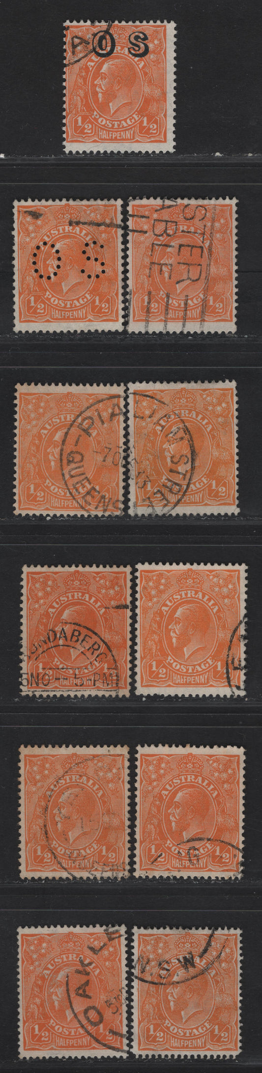 Lot 200 (C) Australia SG#56, 85, 94, 124, O97, O128 1/2d Orange King George V, 1918-1933 KGV Heads Issues, 11 Fine/Very Fine Used Singles, Comprehensive Offering Of All 3 Watermarks & Perfs Of This Value