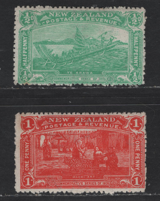 Lot 20 (C) New Zealand SG#370-371 1/2d - 1d Emerald Green - Vermillion Maori Canoe - Landing of Cook, 1906 Christchurch Exhibition Issue, 2 FOG Single