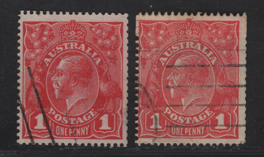 Lot 203 Australia SG#47a, 47bvar 1d Deep Red - Deep Rose Red King George V, 1916-1918 KGV Heads Issue, 2 Very Good/Very Fine Used Coil & Booklet Singles, Die 1, Comb Perf 14.25x14 Much Scarcer Than You Might Think .