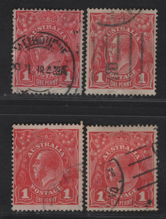 Lot 205 Australia SG#21d 1d Carmine - Rose Red King George V, 1914-1920 KGV Heads Issue, 4 Fine Used Singles, Rose Red Is Die 2, Perf 14.25x14, Single Crown Wmk.