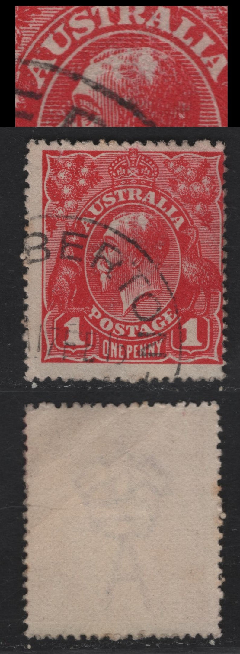 Lot 207 Australia SG#47var 1d Rose Red King George V, 1916-1918 KGV Heads Issue, A Fine Used Single, Die 1, Comb Perf 14.25x14, Showing Plate Damage - Large White Patches On The Kings Hair