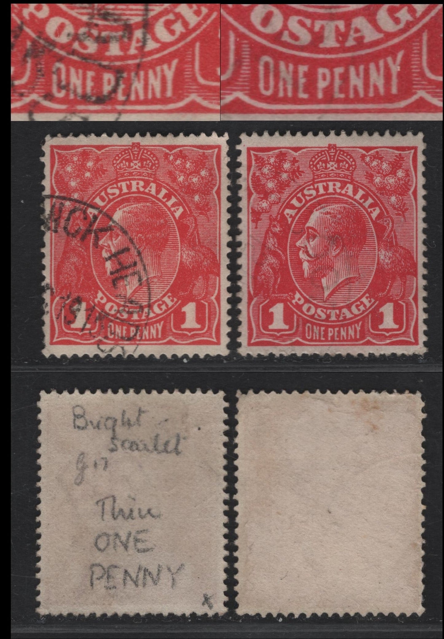 Lot 209 Australia SG#47avar, 47b 1d Deep Red - Rose Red King George V, 1916-1918 KGV Heads Issue, 2 Very Fine Used Singles, Two Examples, Comb Perf 14, Deep Red Shade Showing Thin 'One Penny', Other With Normal Letters, Single Crown Wmk.