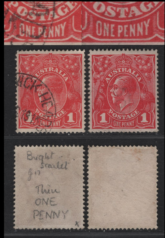 Lot 209 Australia SG#47avar, 47b 1d Deep Red - Rose Red King George V, 1916-1918 KGV Heads Issue, 2 Very Fine Used Singles, Two Examples, Comb Perf 14, Deep Red Shade Showing Thin 'One Penny', Other With Normal Letters, Single Crown Wmk.