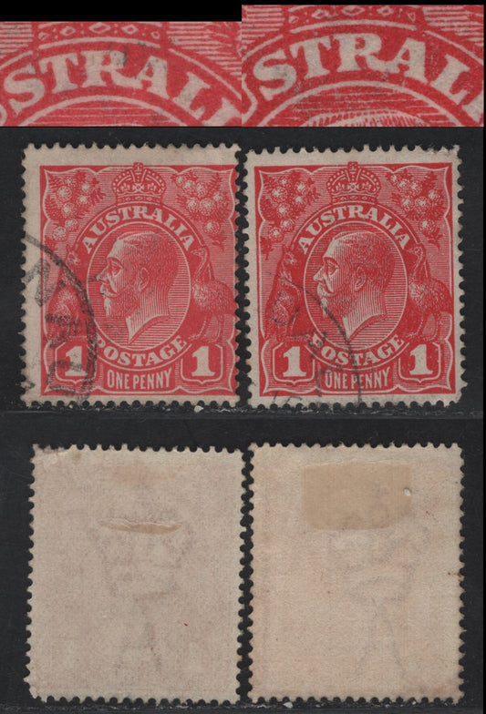Lot 210 Australia SG#21cj 1d Carmine Red King George V, 1914-1920 KGV Heads Issue, 2 Very Good/Fine Used Singles, Die 1, Comb Perf 14.25x14, Comb Perf 14.25x14, Showing 'RA' In Australia Joined, Single Crown Wmk.
