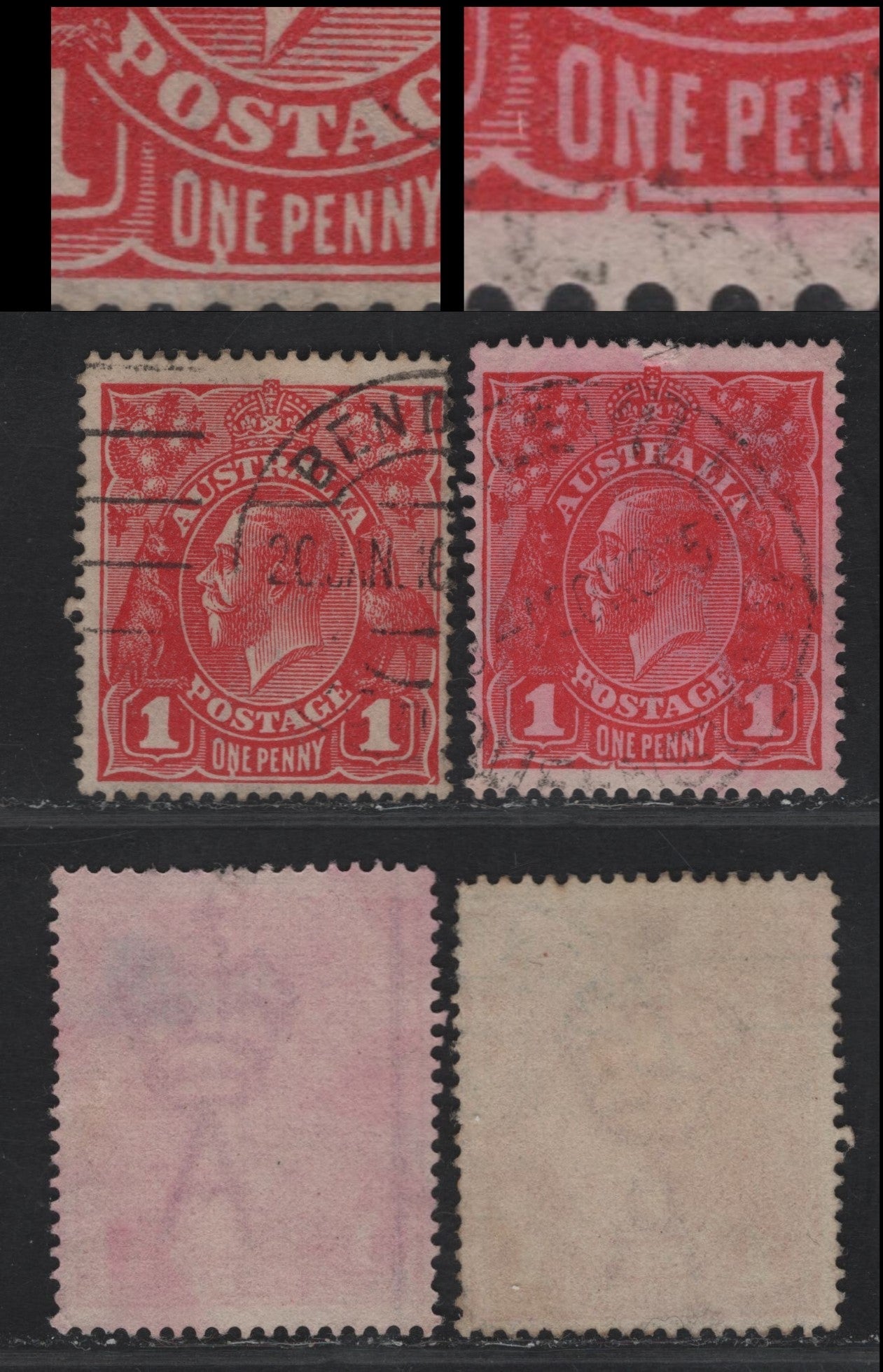 Lot 211 Australia SG#47e 1d Scarlet - Rose Red King George V, 1916-1918 KGV Heads Issue, 2 Fine Used Singles, Comb Perf 14, Showing Secret Mark Below 'N' of 'One'