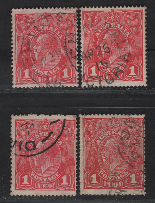Lot 212 Australia SG#21avar, 47var, 47avar, 47bvar 1d Carmien Red - Rose Red King George V, 1914-1920 KGV Heads Issues, 4 Fine Used Singles, Rose Red Die 1, Perfs 14.25x14 & Comb Perf 14, Doubling of Outer Framelines On At Least One Side.