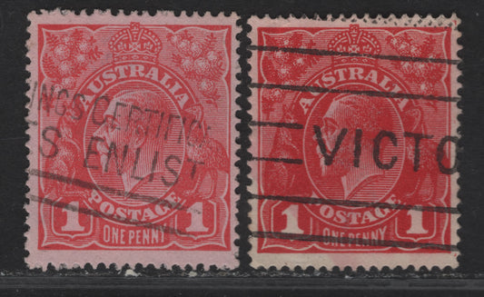 Lot 214 Australia SG#21cvar, 21ce 1d Deep Carmien Red - Carmine Pink King George V, 1914-1920 KGV Heads Issue, 2 Fine Used Singles, Comb Perf 14.25x14, Single Crown Wmk, Scarcer Shades.