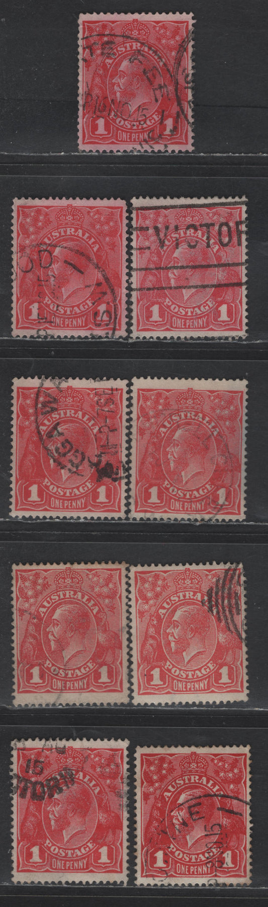 Lot 215 Australia SG#21c, 21cc, 21cd, 21cf 1d Carmine Red - Aniline Carmine King George V, 1914-1920 KGV Heads Issue, 9 Fine/Very Fine Used Singles, Comb Perf 14.25x14, Single Crown Wmk