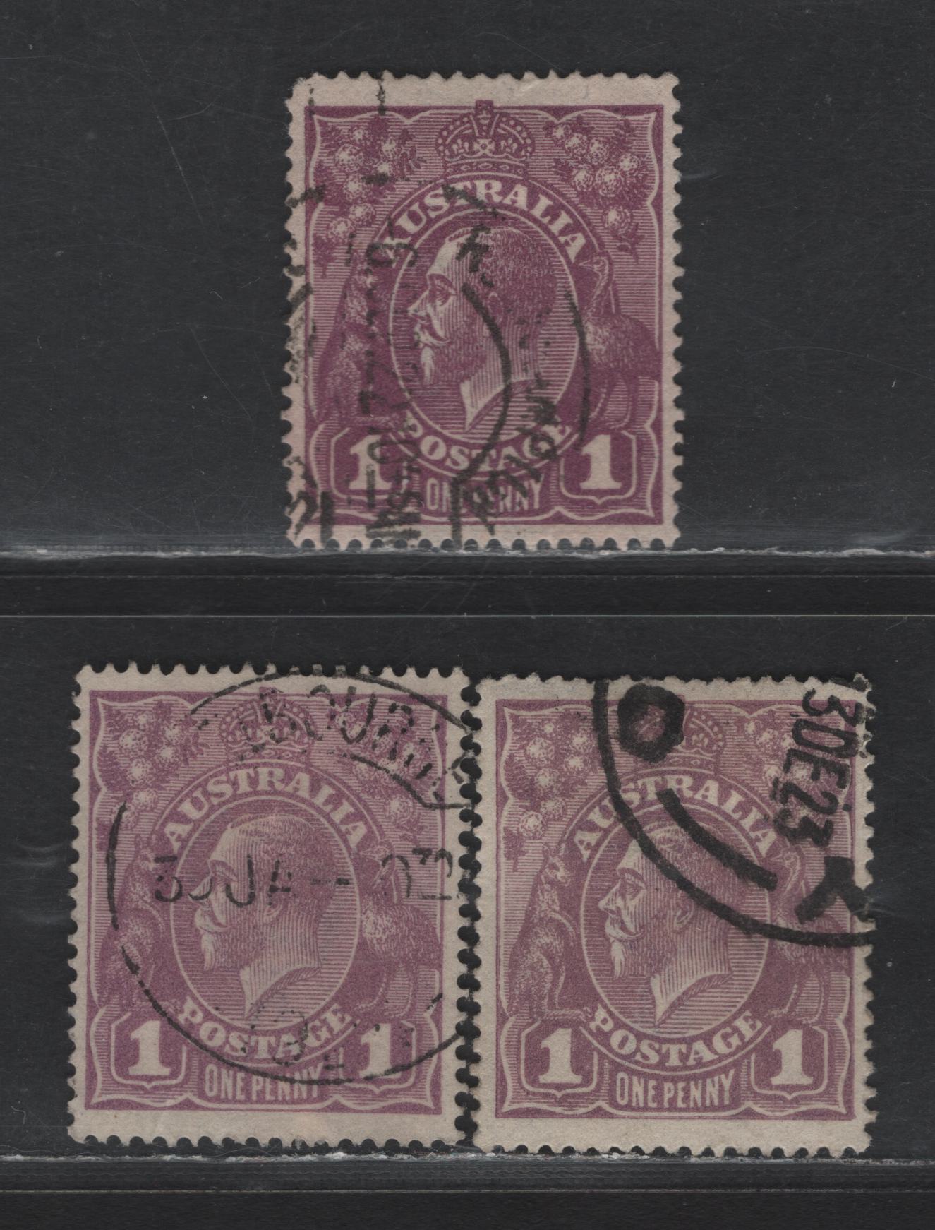Lot 216 Australia SG#57, 57b 1d Red Violet - Violet King George V, 1918-1923 KGV Heads Issue, 3 Very Fine Used Singles, Single Crown Wmk