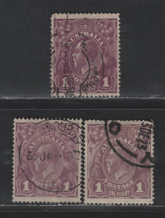 Australia SG#57, 57b 1d Red Violet - Violet King George V, 1918-1923 KGV Heads Issue, 3 Very Fine Used Singles, Single Crown Wmk