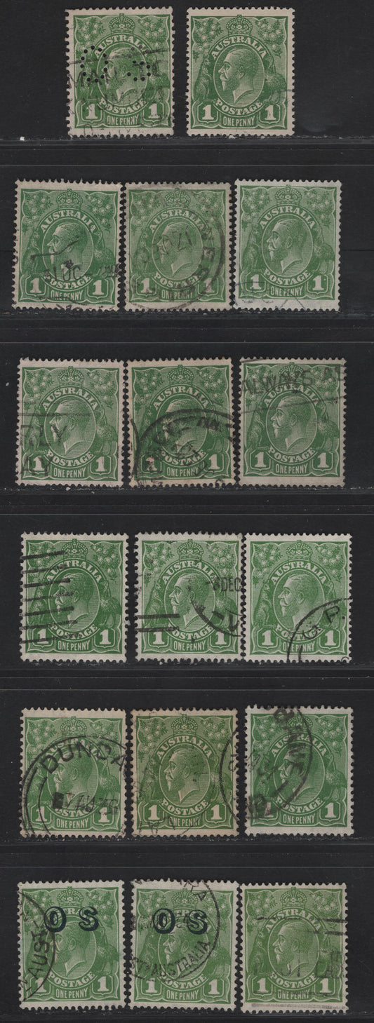 Lot 219 Australia SG#83, O98, 82, 76, 86, 95, 125, O129 1d - 4d Sage Green - Yellow-Olive King George V, 1918-1936 KGV Heads Issues, 17 Fine/Very Fine Used Singles, Covering All Wmks, Includes Unwatermarked, OS Perfin & OS Overprint