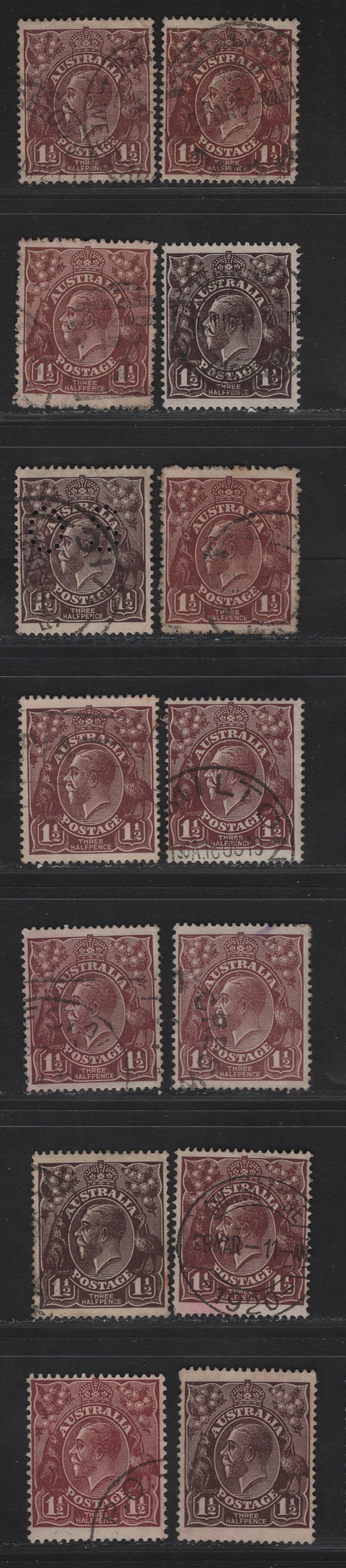 Lot 224 Australia SG#O64, 52-53, 52a, 58-59a, 60, 126 1.5d Black Brown - Chocolate King George V, 1918-1936 KGV Heads Issues, 14 Fine/Very Fine Used Singles, Complete Run of All Wmks & Listed Shades