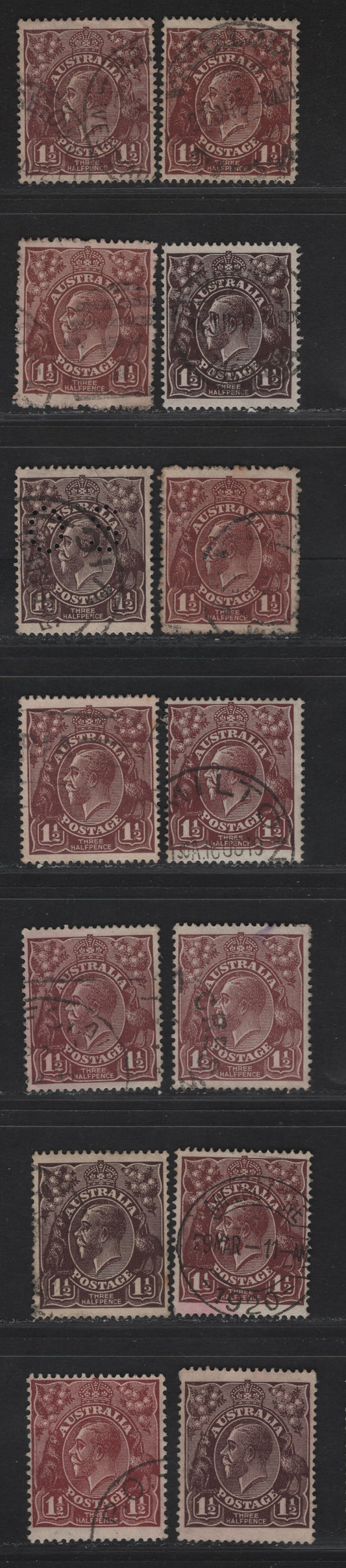 Lot 224 Australia SG#O64, 52-53, 52a, 58-59a, 60, 126 1.5d Black Brown - Chocolate King George V, 1918-1936 KGV Heads Issues, 14 Fine/Very Fine Used Singles, Complete Run of All Wmks & Listed Shades
