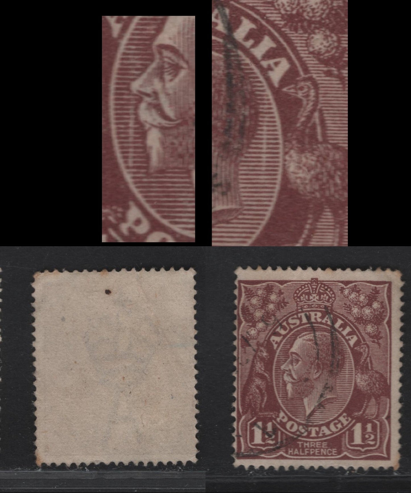 Lot 226 Australia SG#59avar 1.5d Chocolate King George V, 1918-1923 KGV Heads Issue, A Fine Used Single, Showing Two Vertical Plate Scratches Through The Medallion, Unlisted In Gibbons