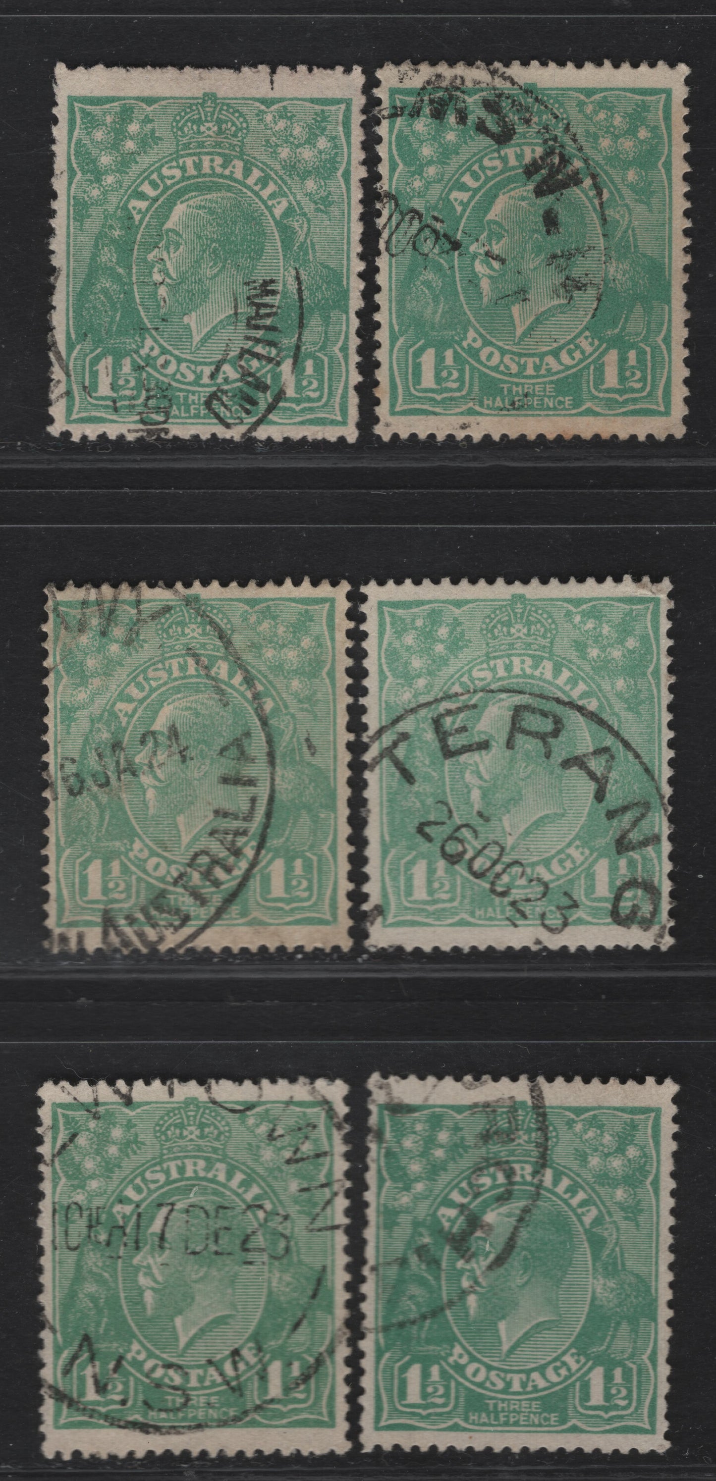 Lot 227 Australia SG#61 1.5d Green - Pale Emerald Green King George V, 1918-1923 KGV Heads Issue, 6 Very Fine Used Singles, Six Different Shades, Single Crown Wmk