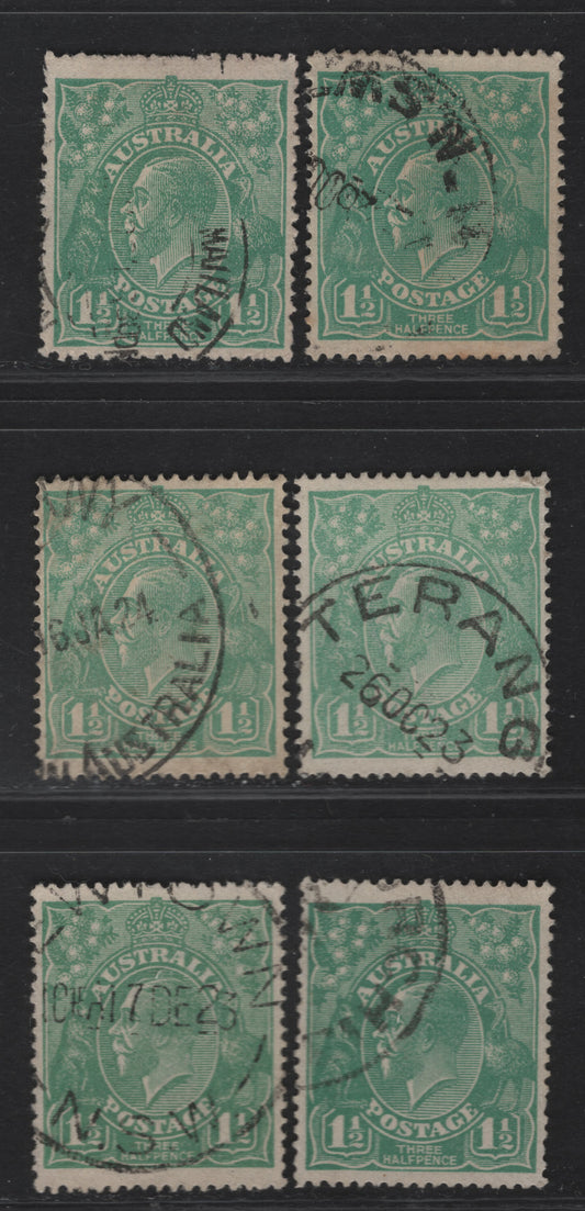 Lot 227 Australia SG#61 1.5d Green - Pale Emerald Green King George V, 1918-1923 KGV Heads Issue, 6 Very Fine Used Singles, Six Different Shades, Single Crown Wmk