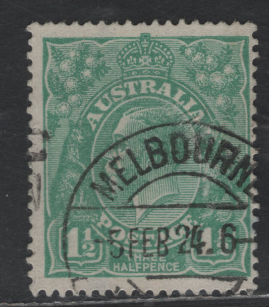 Lot 229 Australia SG#61var 1.5d Green King George V, 1918-1923 KGV Heads Issue, A Fine Used Single, Flaw Under Brest of Emu & White Headed Emu
