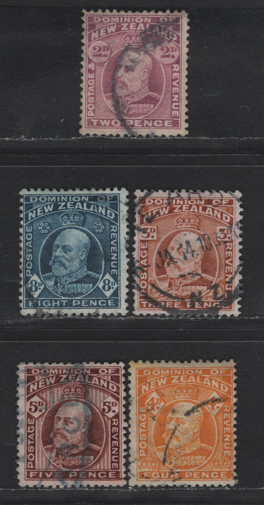 Lot 23 (C) New Zealand SG#389, 393, 394, 397a, 390a, 388 2d - 5d Mauve - Red Brown King Edward VII, 1909-1916 Engraved King Edward VII Issue, 6 Fine Used Singles, Perf 14x15