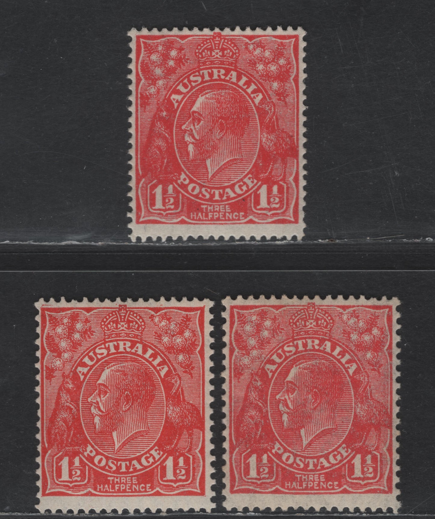 Lot 231 Australia SG#87, 96-a 1.5d Scarlet - Golden Scarlet King George V, 1926-1930 KGV Heads Issue, 3 F/VFOG Single, Perfs 14 & 13.5x12.5 (Both Shades), Small Multiple Wmk