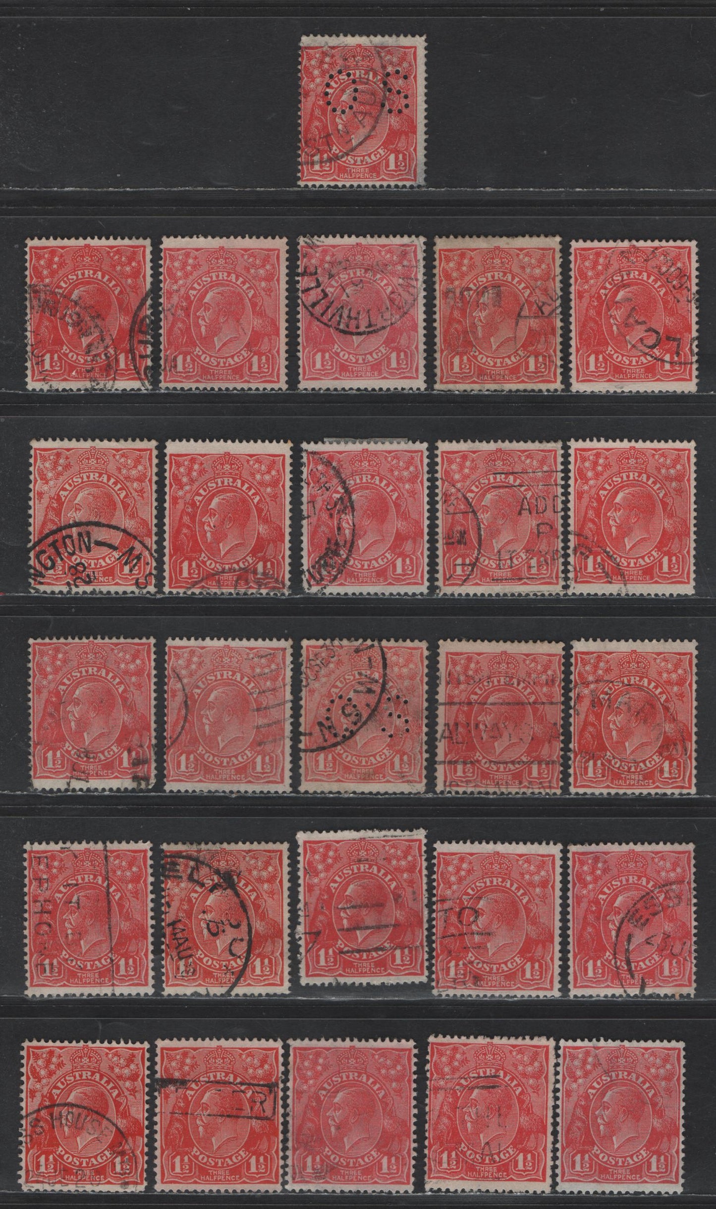 Lot 235 Australia SG#O80, 84, 77,O100, 87, 87a, 96, 96a 1.5d Scarlet - Golden Scarlet King George V, 1924-1930 KGV Heads Issues, 26 Fine/Very Fine Used Singles, Comprehensive Offering Of All Watermarks & Perfs, Many Extra Shades