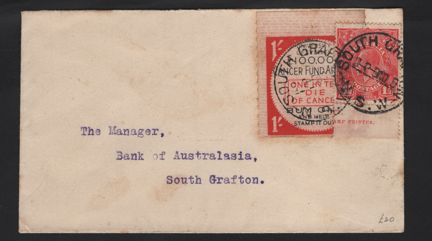 Lot 236 Australia SG#77 1.5d Scarlet King George V, 1924 KGV Heads Issue, A Fine Used Single on Cover, Local Cover, Sent Within South Grafton, NSW, Franked With Imprint Single With Single Crown Wmk