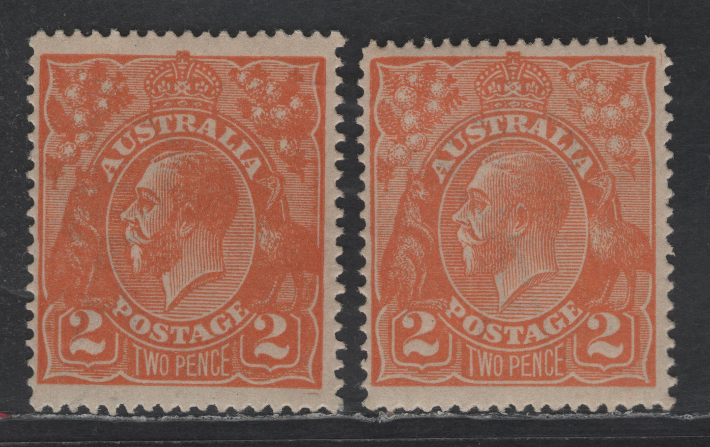 Lot 237 Australia SG#62a 2d Dull Orange King George V, 1918-1923 KGV Heads Issue, 2 FOG Singles, Two Slightly Different Shades, Single Crown Wmk