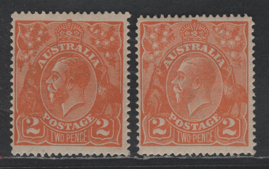 Lot 237 Australia SG#62a 2d Dull Orange King George V, 1918-1923 KGV Heads Issue, 2 FOG Singles, Two Slightly Different Shades, Single Crown Wmk