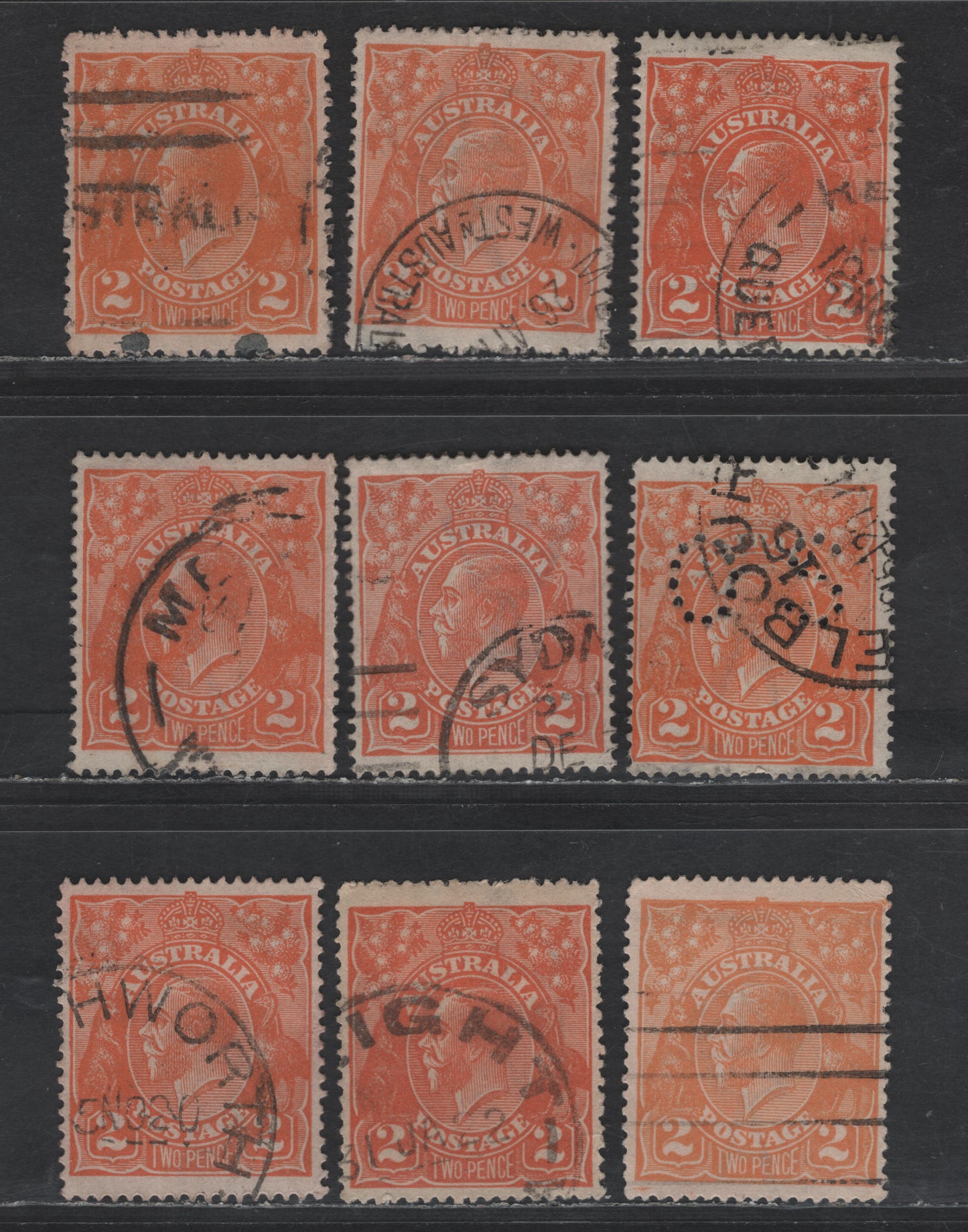 Lot 238 Australia SG#O71, 62-a 2d Brown Orange - Dull Orange King George V, 1918-1923 KGV Heads Issues, 9 Fine/Very Fine Used Singles, Different ShadesOf this Short Lived Color, Includes Perf OS, Single Crown Wmk.
