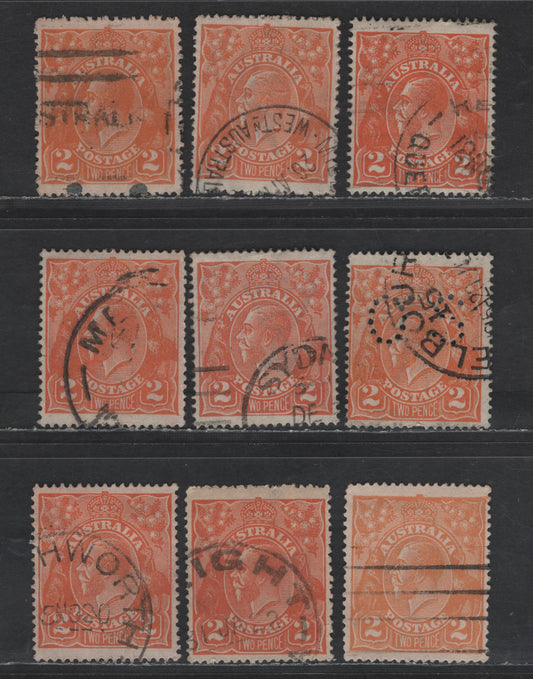 Lot 238 Australia SG#O71, 62-a 2d Brown Orange - Dull Orange King George V, 1918-1923 KGV Heads Issues, 9 Fine/Very Fine Used Singles, Different ShadesOf this Short Lived Color, Includes Perf OS, Single Crown Wmk.