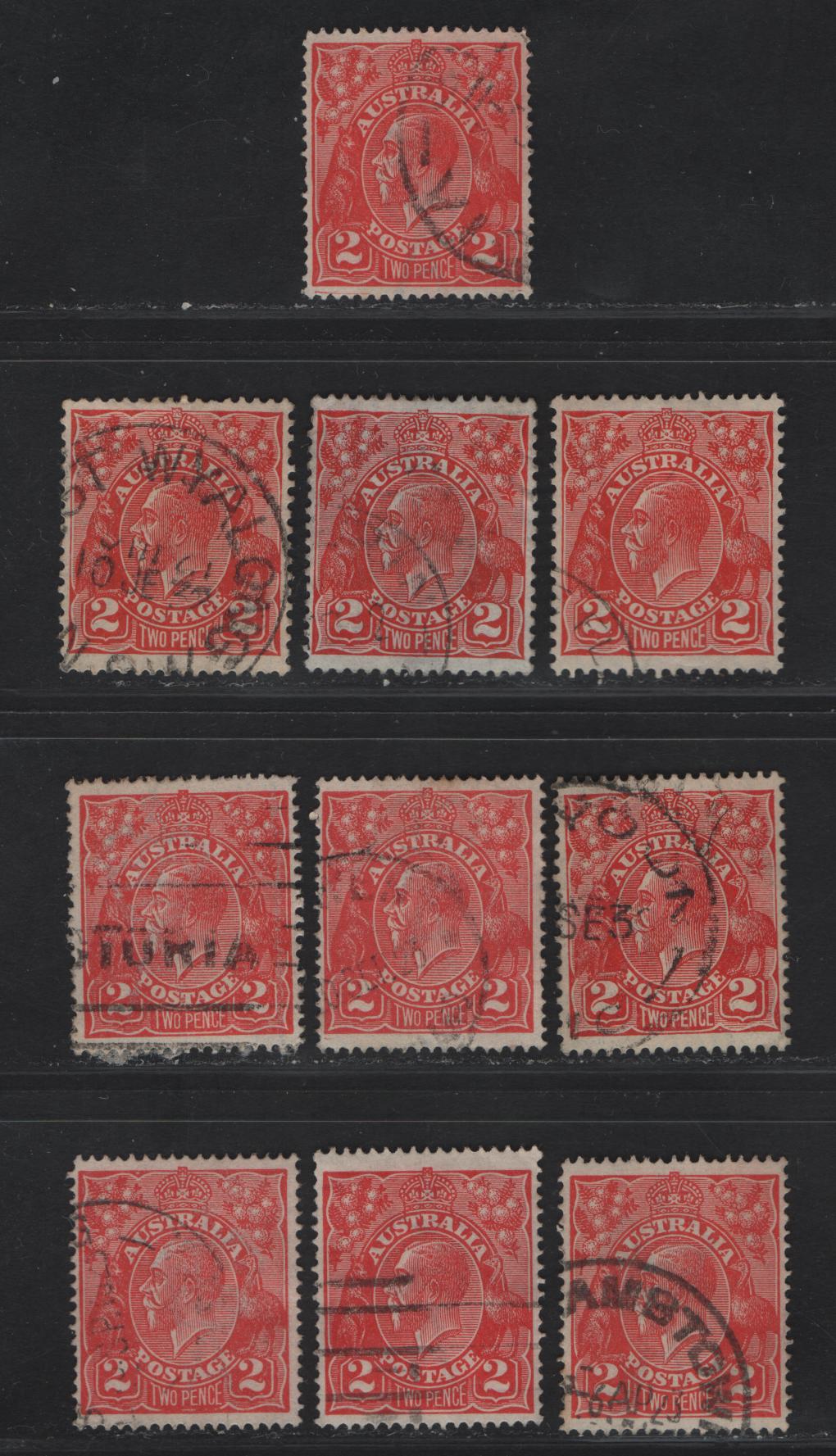 Lot 239 Australia SG#63-a, 99a, 127 2d Scarlet - Golden Scarlet King George V, 1918-1936 KGV Heads Issues, 10 Fine/Very Fine Used Singles, Compelte Selection of All Watermarks, Small Multiple Wmkbeing Die 3, Several Shades.