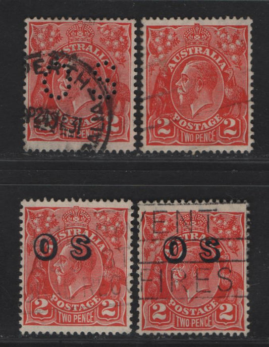 Lot 240 Australia SG#99, O104a, O125, O130 2d Scarlet - Golden Scarlet King George V, 1626-1936 KGV Heads Issues, 4 Fine/Very Fine Used Singles, Small Multiple Wmk Die 2 Perf OS & Die 3, Overprinted OS in Both Small Multiple & C of A Wmks