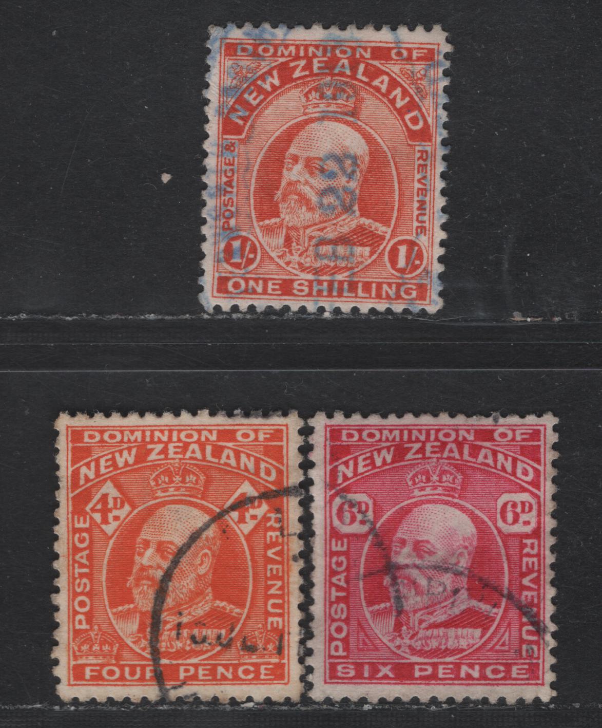 Lot 24 (C) New Zealand SG#394, 396, 398 1/- - 6d Vermillion - Carmine King Edward VII, 1909-1916 Engraved King Edward VII Issue, 3 Very Fine Used Singles, Perfs 14x14.5 & 14