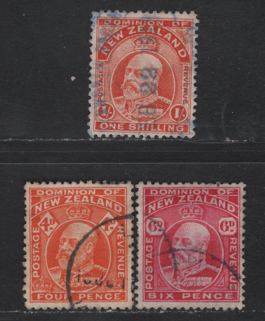 Lot 24 (C) New Zealand SG#394, 396, 398 1/- - 6d Vermillion - Carmine King Edward VII, 1909-1916 Engraved King Edward VII Issue, 3 Very Fine Used Singles, Perfs 14x14.5 & 14