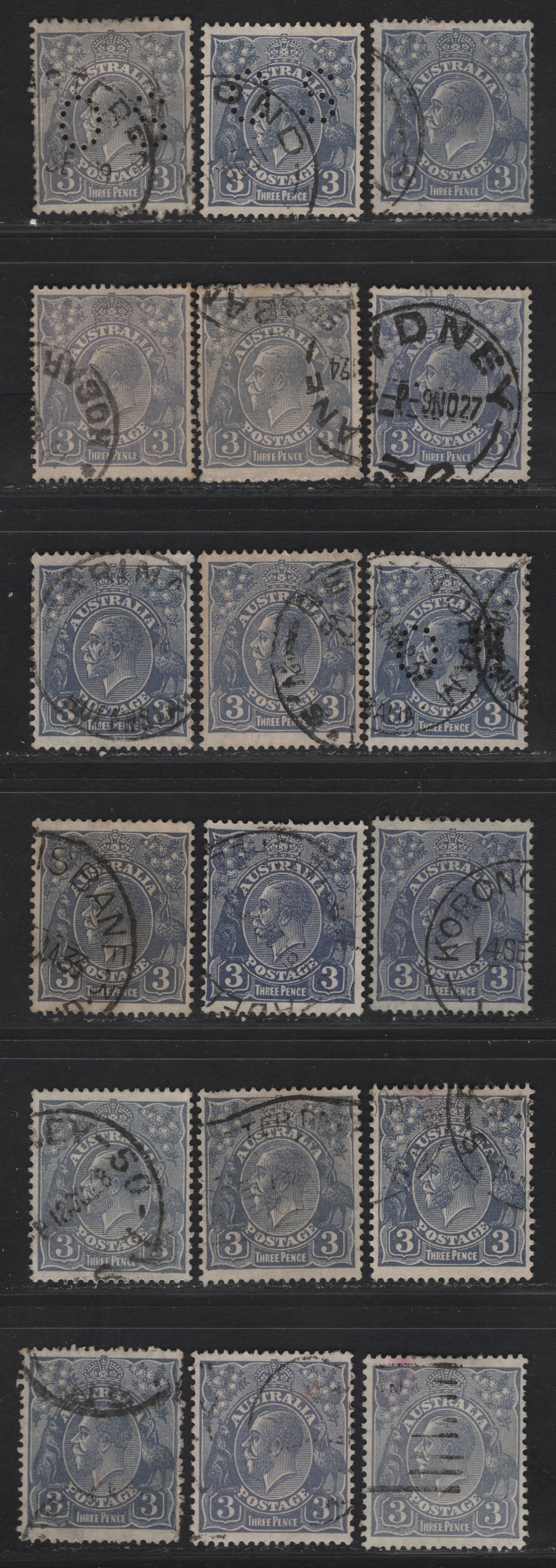 Lot 244 (C) Australia SG#79, O106, O106b, 90,100, 100b, 128 3d Ultramarine King George V, 1924-1936 KGV Heads Issues, 18 Fine/Very Fine Used Singles, Single Crown, Small Multiple & C of A Wmks, Perfs 13.5x12 & 14, Dies 1 & 2, Multiple Shades.