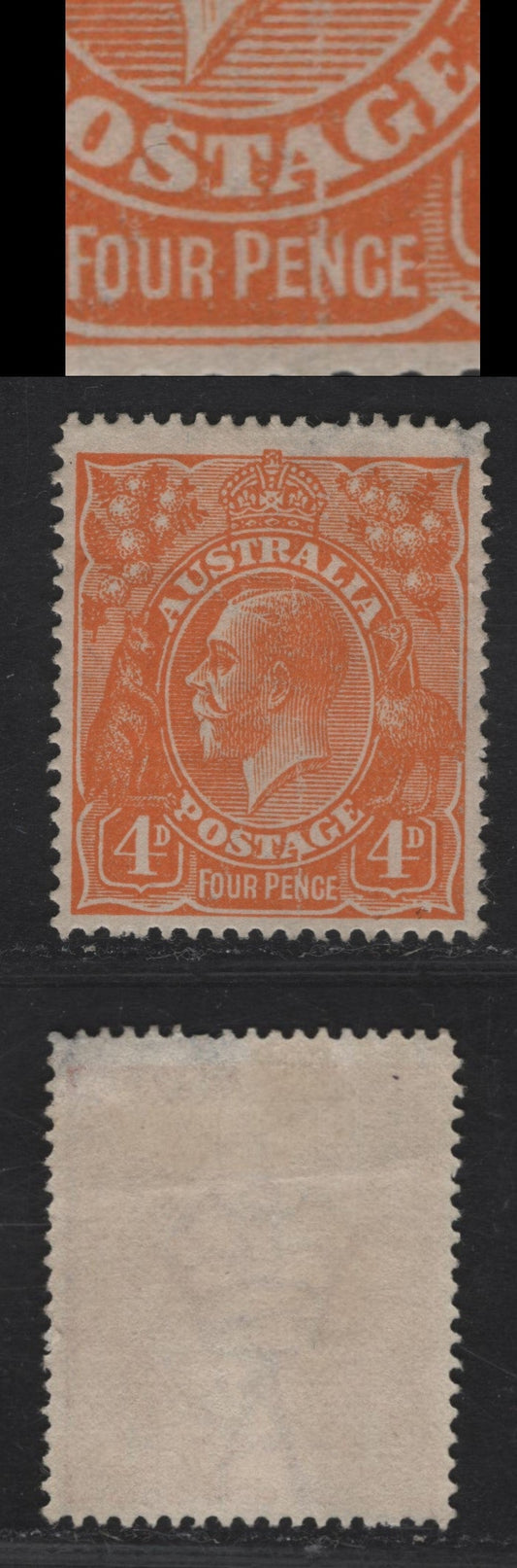 Lot 246 Australia SG#22var 4d Orange King George V, 1915 KGV Heads Issues, A Fine Unused Single, Showing The 'A' of Postage Joined to 'N' of 'Pence', Small Thin At Top, No Gum, But Interesting Unlisted Variety