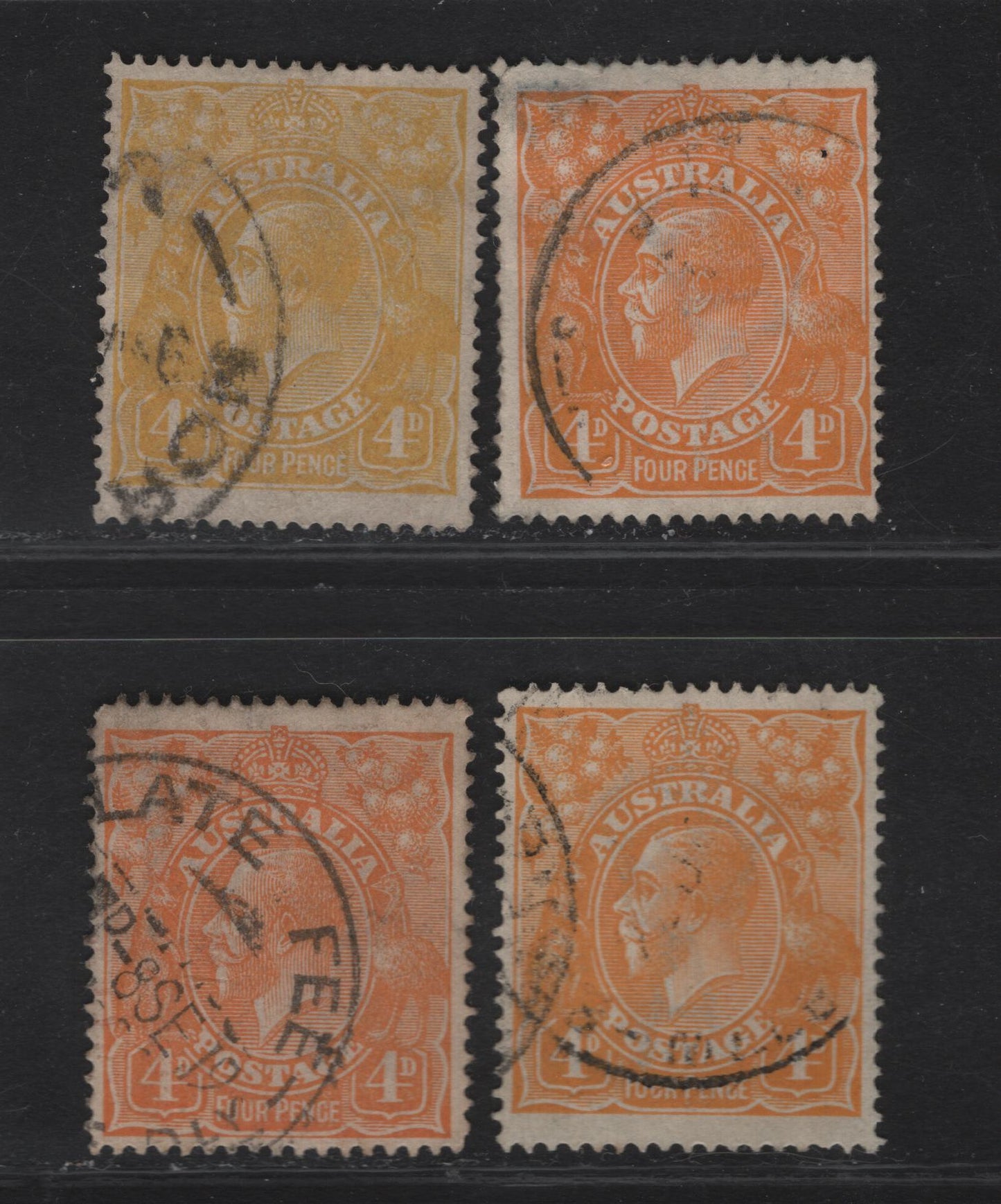Lot 247 (C) Australia SG#22a-d 4d Yellow Orange - Dull Orange King George V, 1915 KGV Heads Issues, 4 Fine/Very Fine Used Singles, Single Crown Wmk