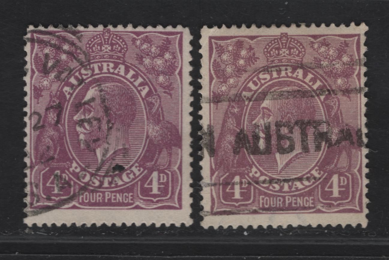 Lot 248 Australia SG#64 4d Violet King George V, 1918-1923 KGV Heads Issues, 2 Fine Used Singles, Two Shades, Single Crown Wmk