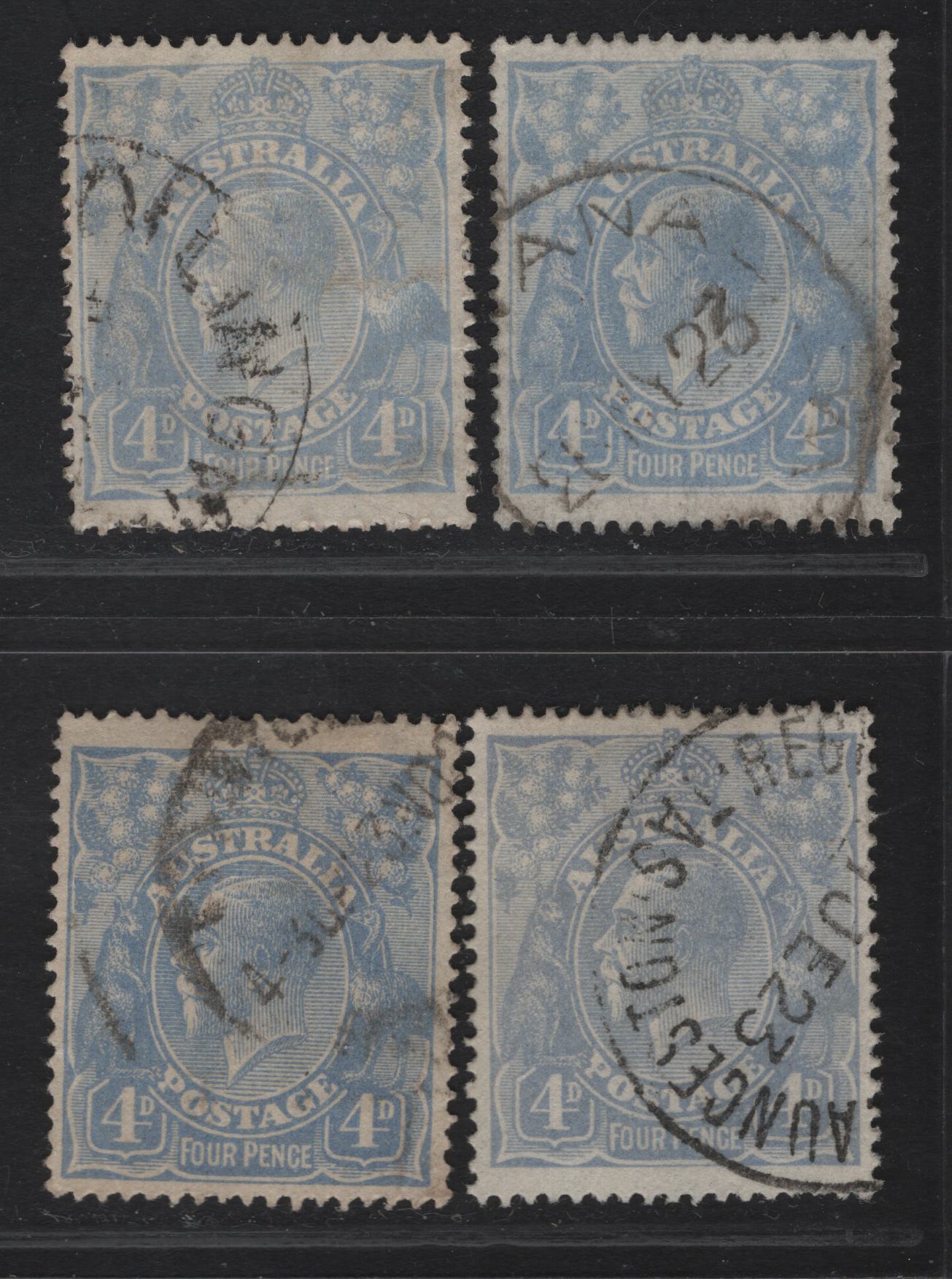 Lot 249 (C)  Australia SG#65, 65b 4d Ultramarine - Pale Milky Blue King George V, 1918-1923 KGV Heads Issues, 4 Fine/Very Fine Used Singles, Single Crown Wmk
