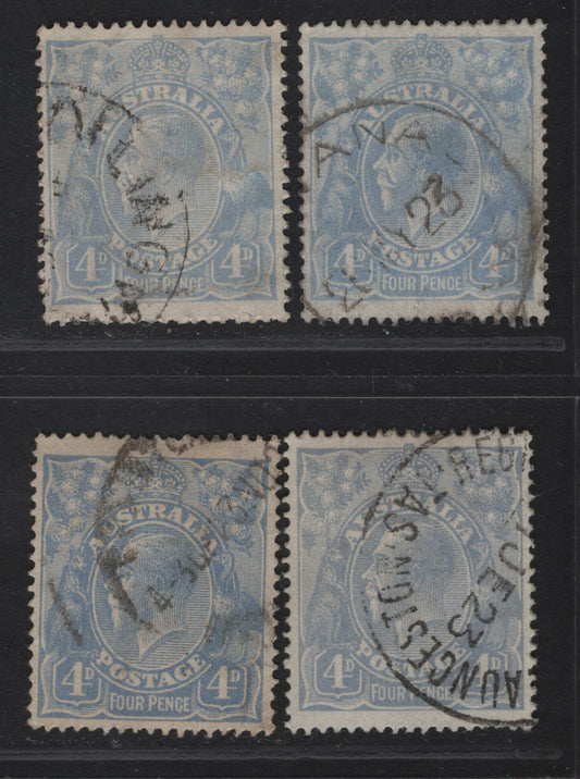 Lot 249 (C)  Australia SG#65, 65b 4d Ultramarine - Pale Milky Blue King George V, 1918-1923 KGV Heads Issues, 4 Fine/Very Fine Used Singles, Single Crown Wmk