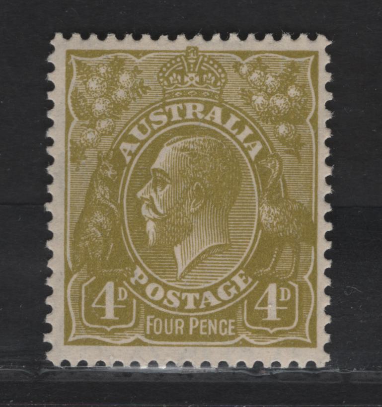 Lot 250 Australia SG#102 4d Yellow Olive King George V, 1926-1930 KGV Heads Issues, A VFOG Single, Small Multiple Wmk, Perf 13.5x12.5