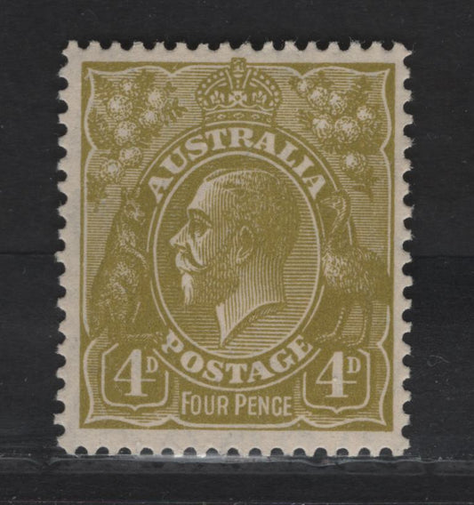 Lot 250 Australia SG#102 4d Yellow Olive King George V, 1926-1930 KGV Heads Issues, A VFOG Single, Small Multiple Wmk, Perf 13.5x12.5
